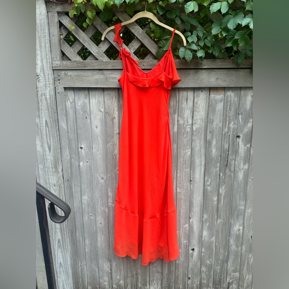 Aritzia Wilfred Engage Dress Red/Orange Rosette Ruffle Asymmetrical Slip Dress - Picture 9 of 13